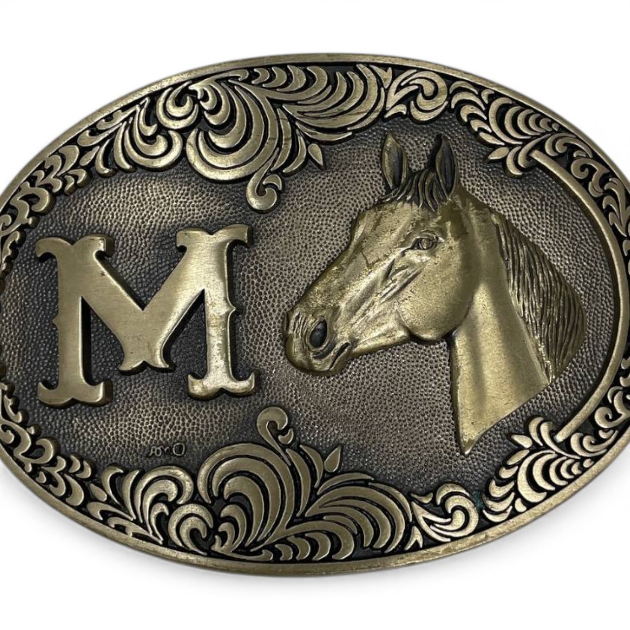 Western Horse Brass Belt Buckle Engraved Initial M Cowboy Rodeo Equestrian