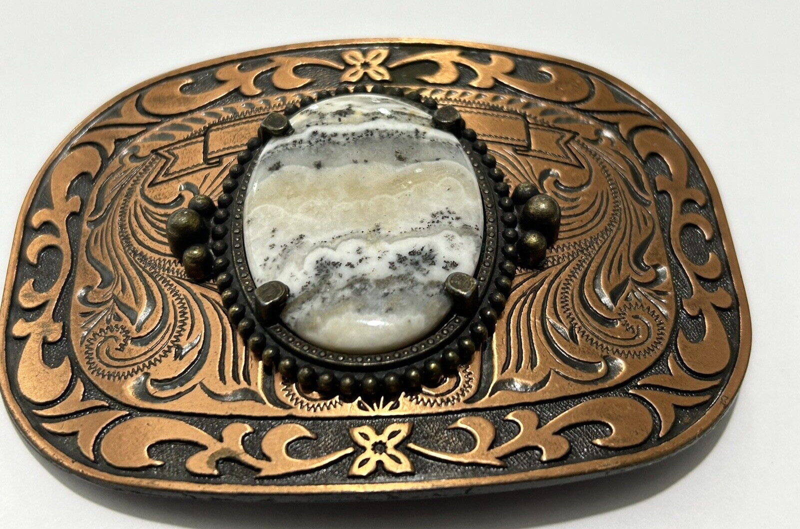 Agate Gemstone Bronze Western Style Belt Buckle, Pre-Owned