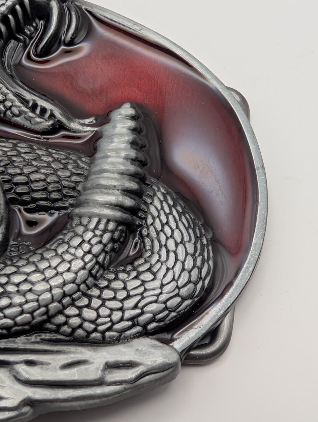 Rattlesnake Belt Buckle Coiled Snake Red Enamel Pewter Tone Western