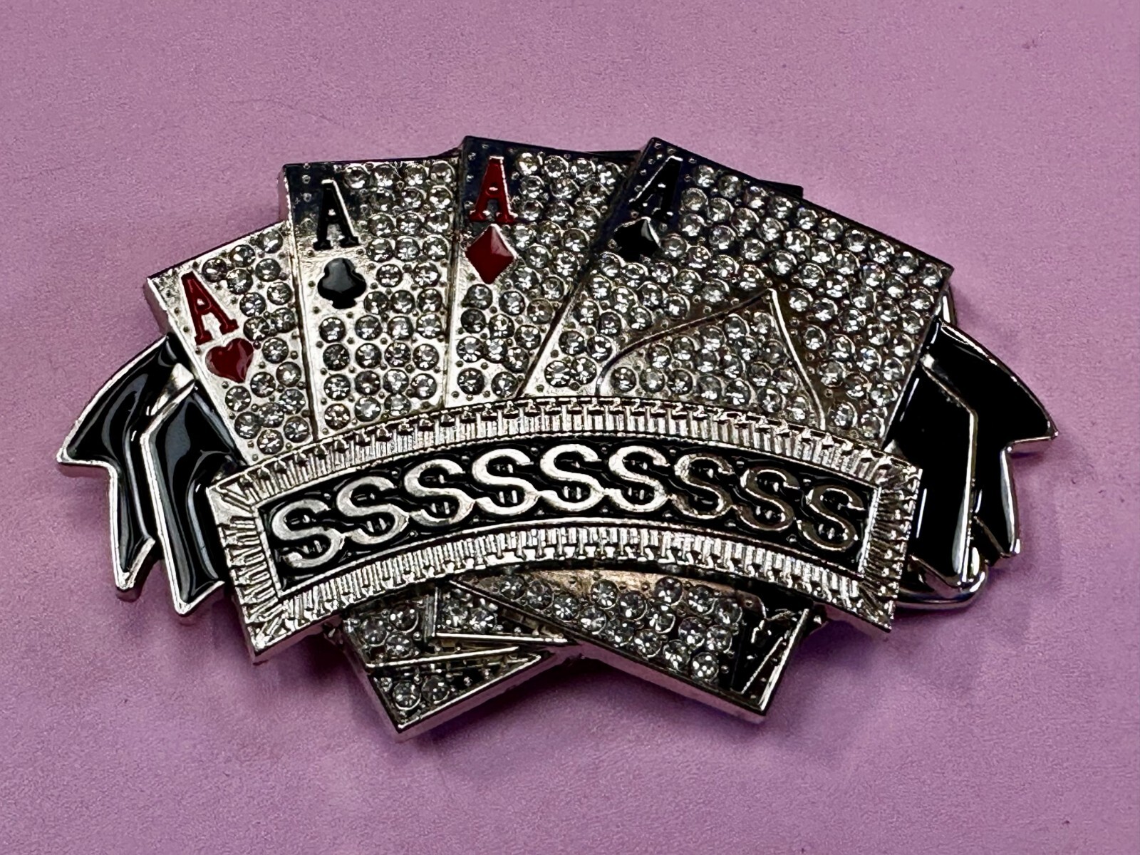 Four Aces Playing Card Game ALL SSSSSSSSSS! Casino Gambling Jeweled Belt Buckle