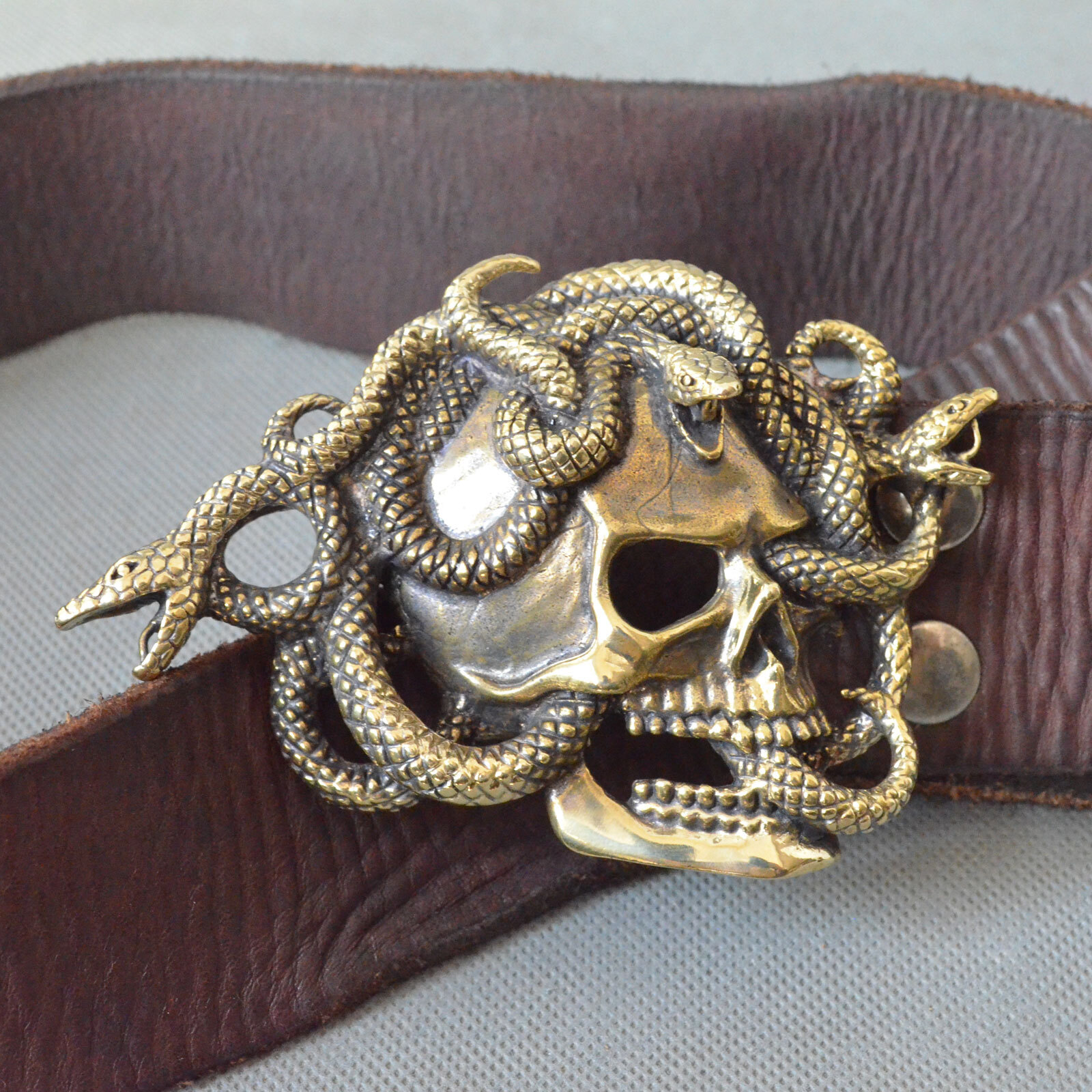 Casting Solid Brass Skull Snake Belt Buckle,Punk Skull Unique Men&rsquo;s Buckle, gift