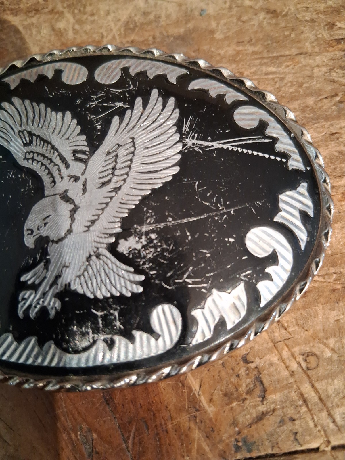 Vintage Eagle Belt Buckle Black Silver Tone Oval Rockmount