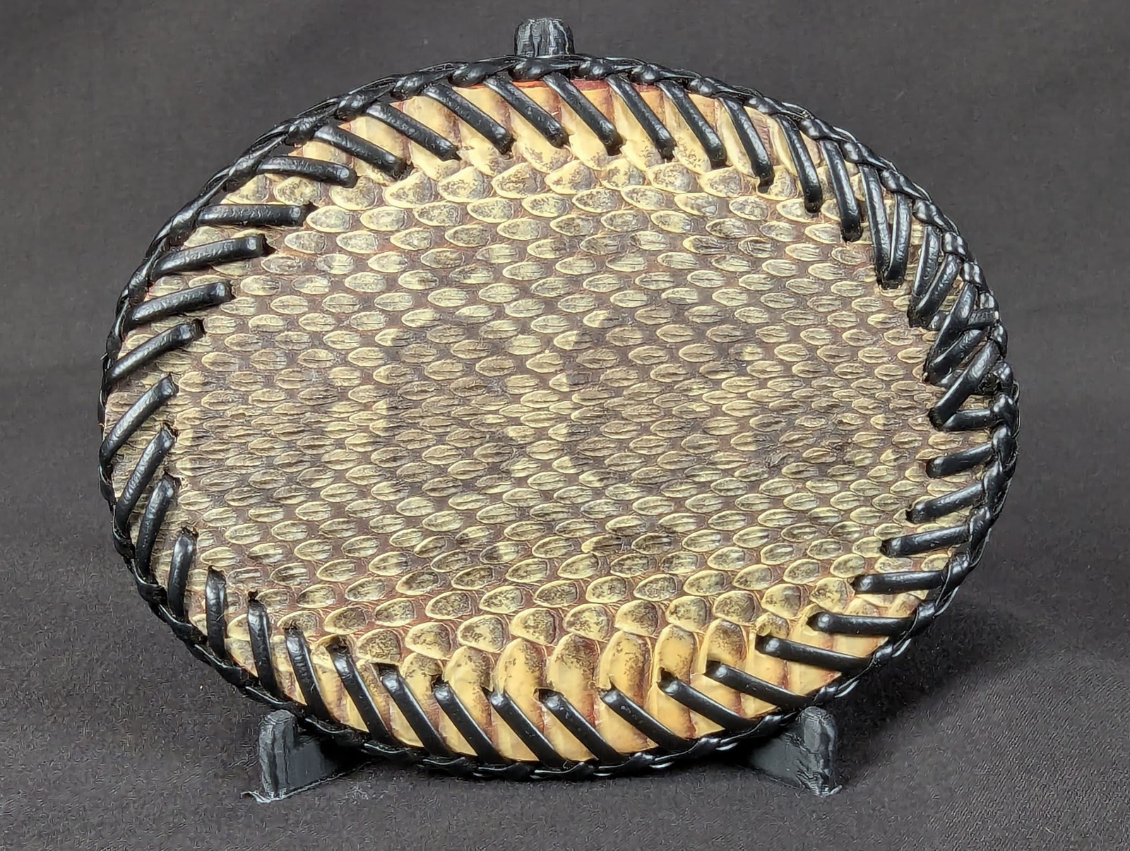 Vintage M.G.S. Oval Belt Buckle Snakeskin Inlay Black Leather Whipstitch Detail