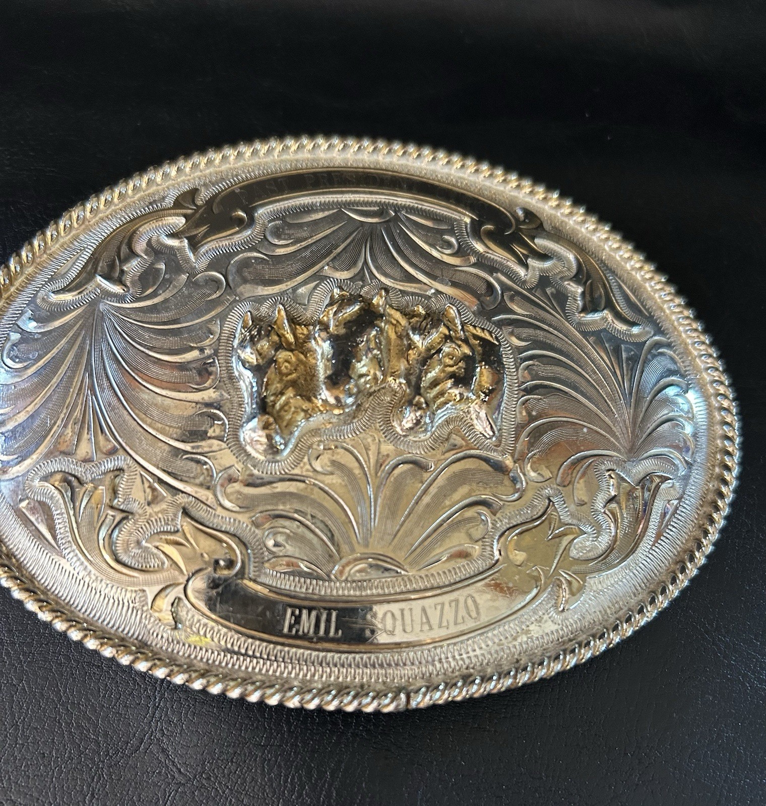 Vintage Alpaca Mexico Belt Buckle Three Horse Heads Western Filigree
