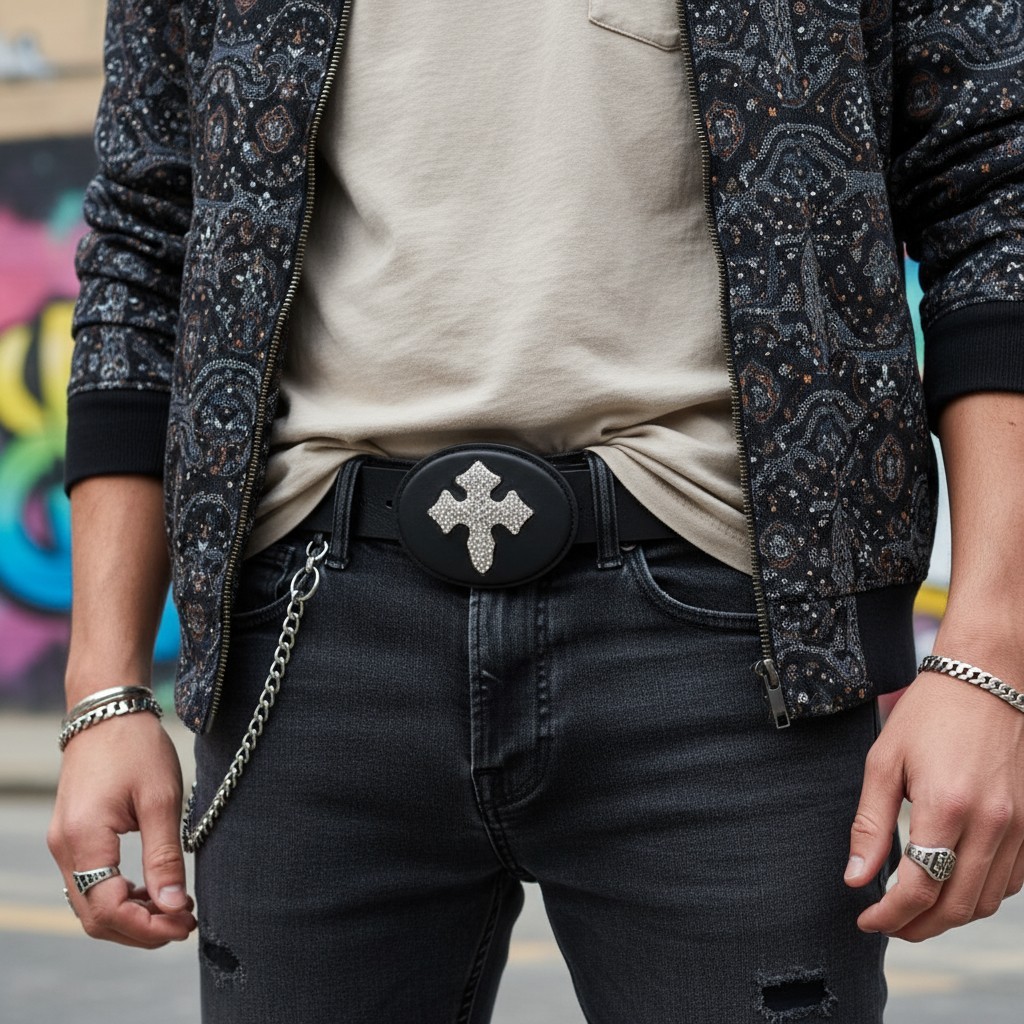Men Women Fashion Black Oval Belt Buckle Silver Metal Bling Cross Religious Look
