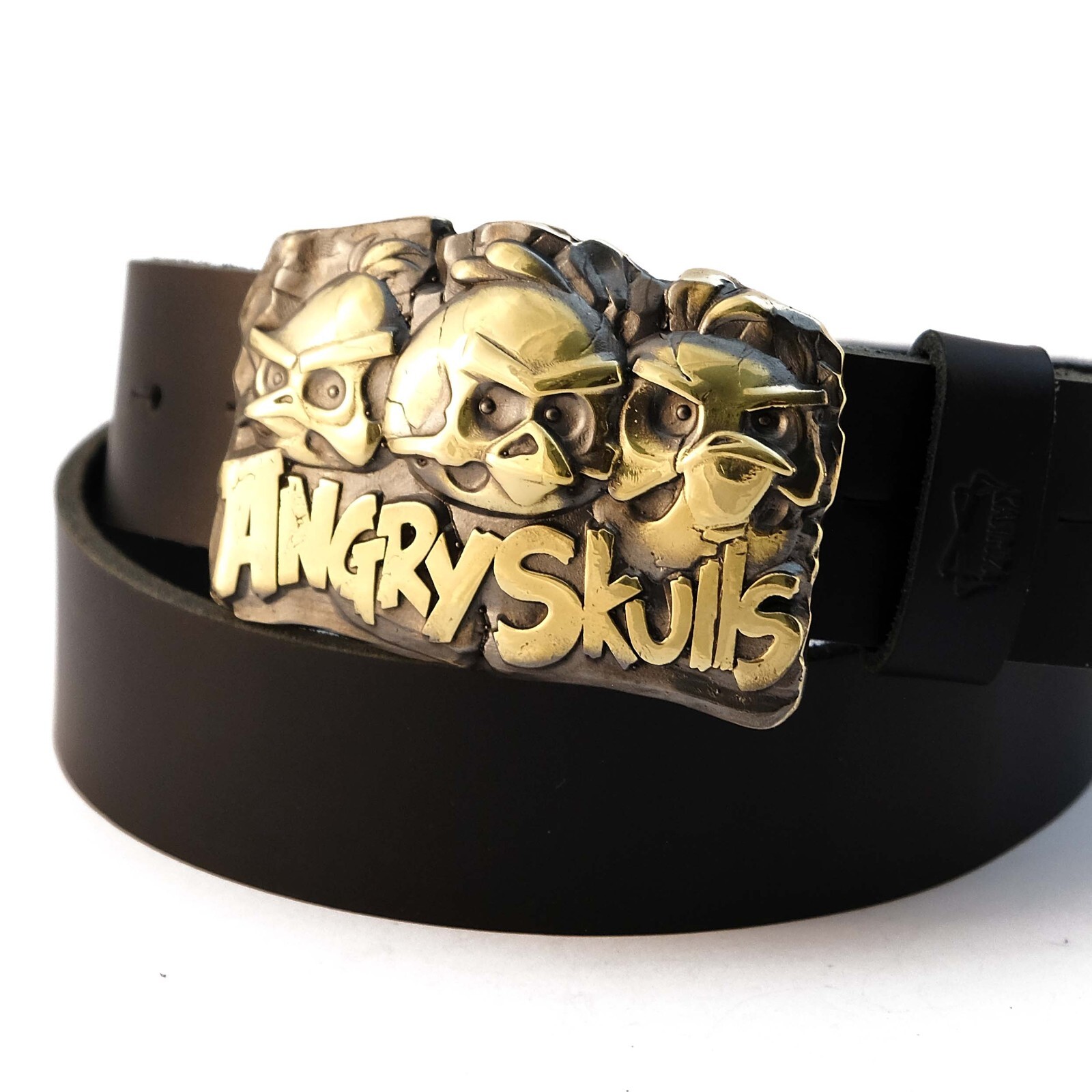 Belt buckle Angry Skulls, Solid brass handmade belt buckle with birds skulls