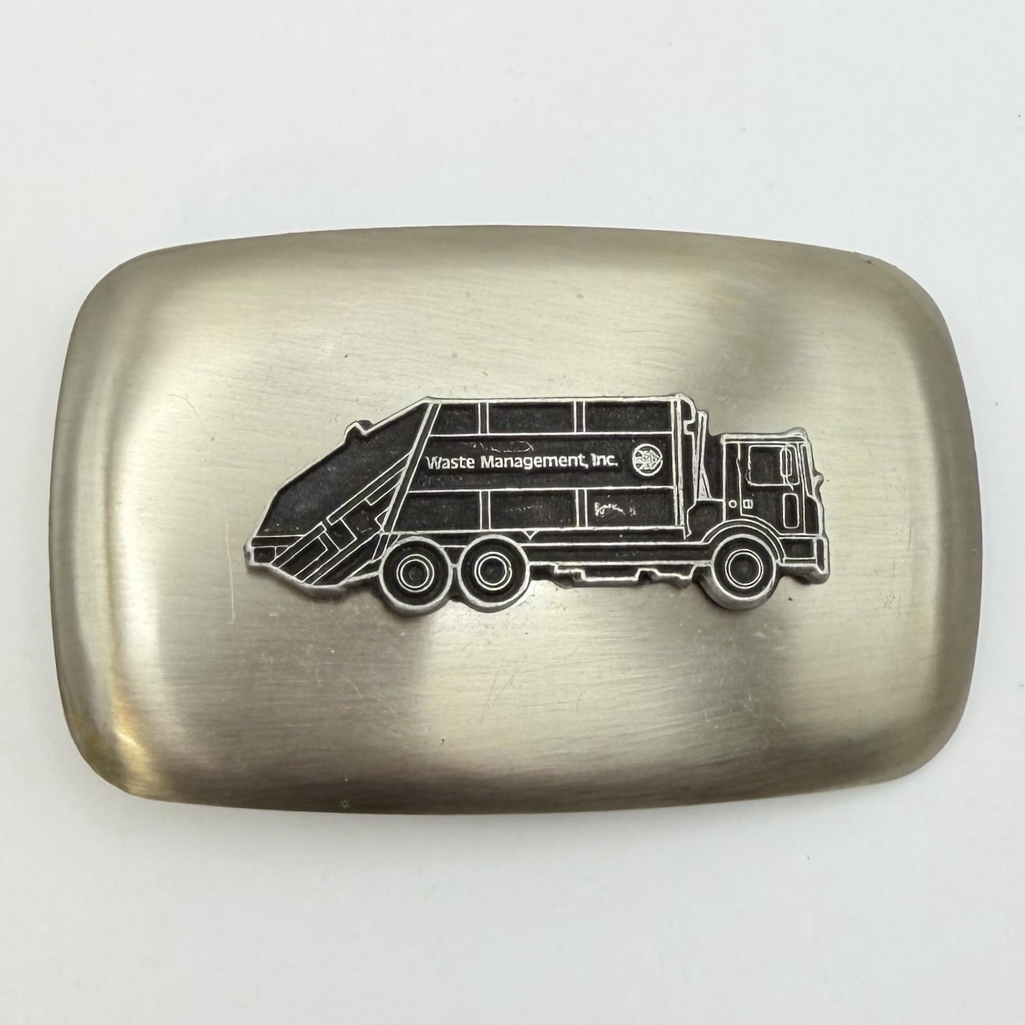 Vtg Waste Management Truck Belt Buckle Silver Tone Vintage Made in USA 3.25&Prime;x2&Prime;