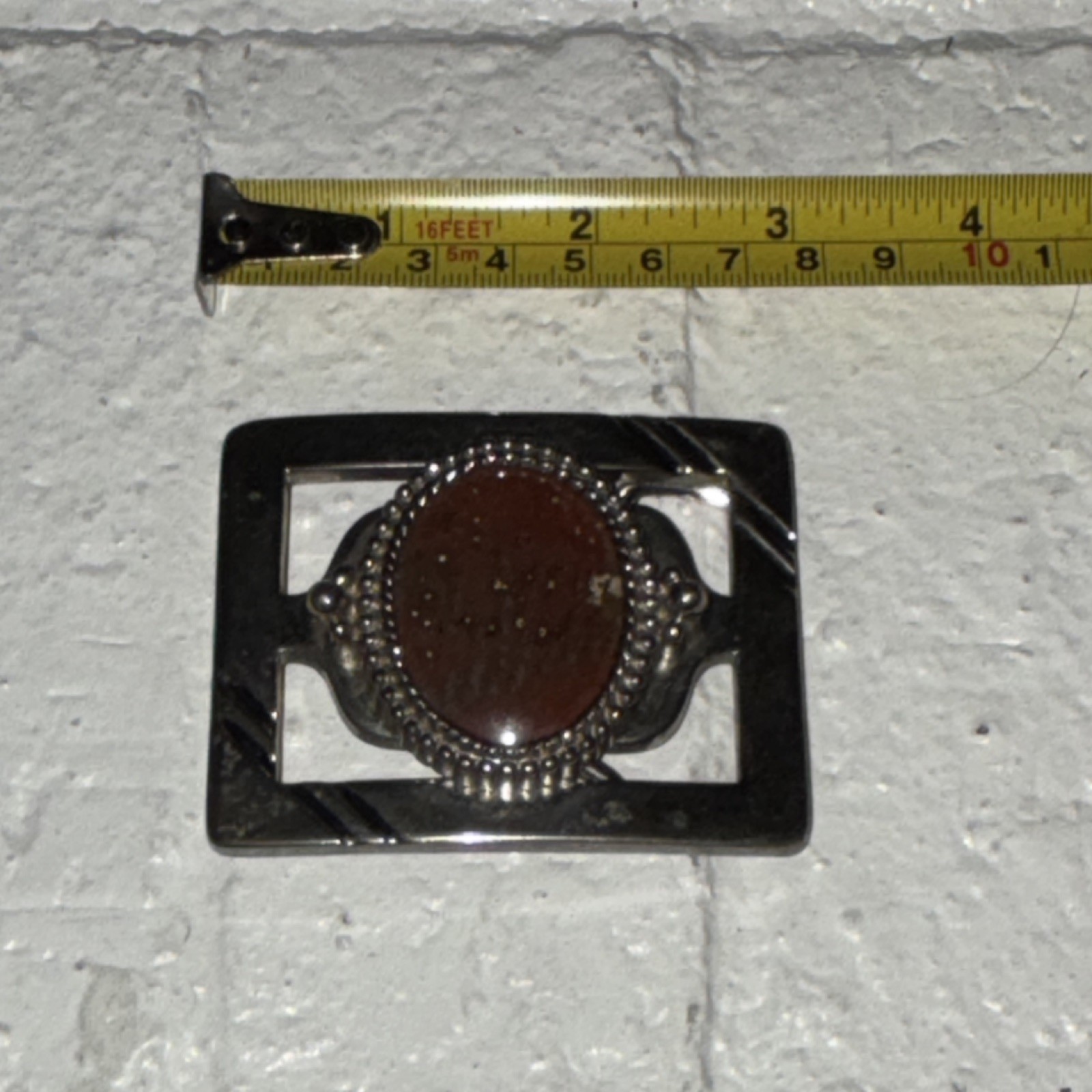 Vintage Silver Metal Western Belt Buckle Rectangular with Brown Stone Accent Men