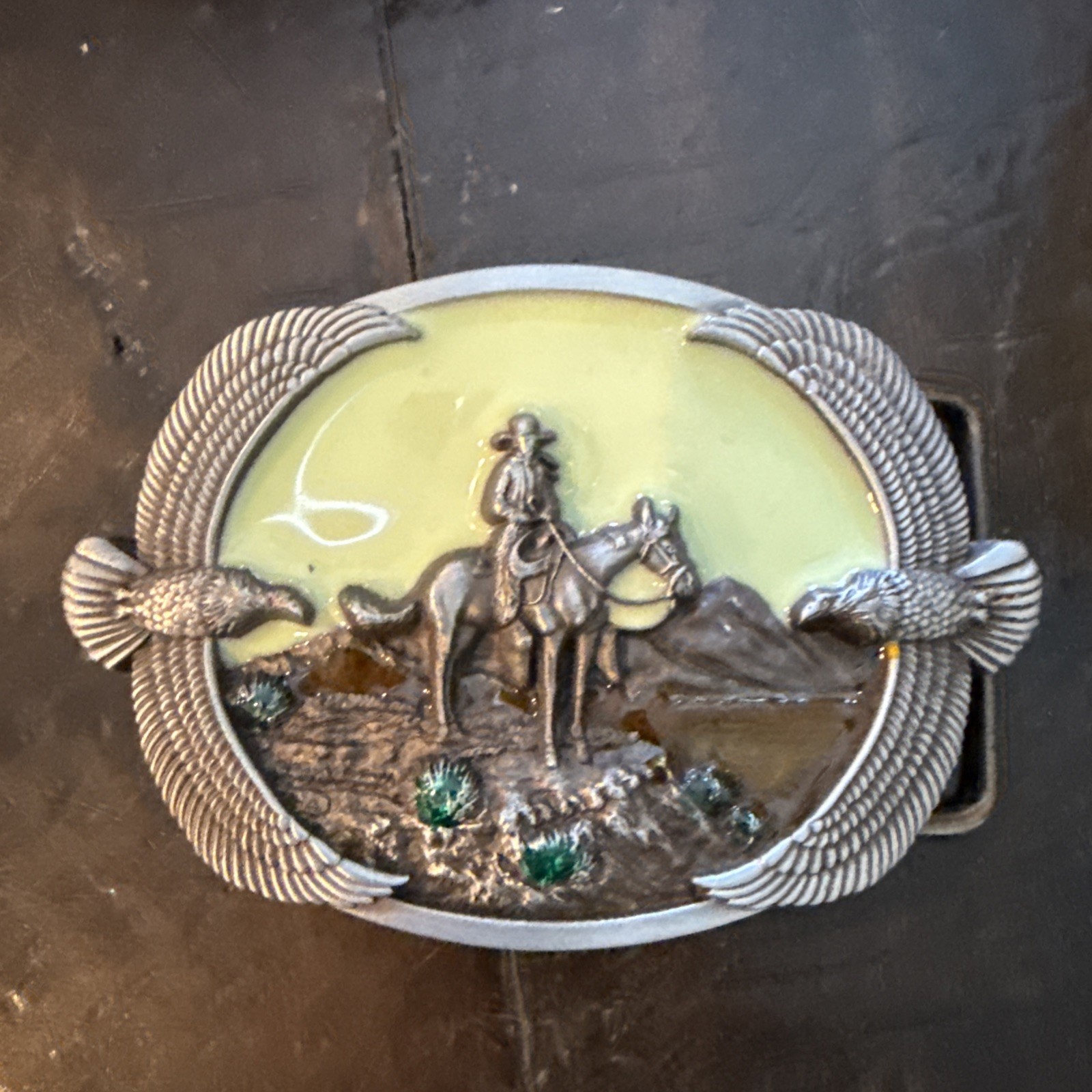 Western Cowboy on Horse Eagles Metal Belt Buckle With Enamel Background