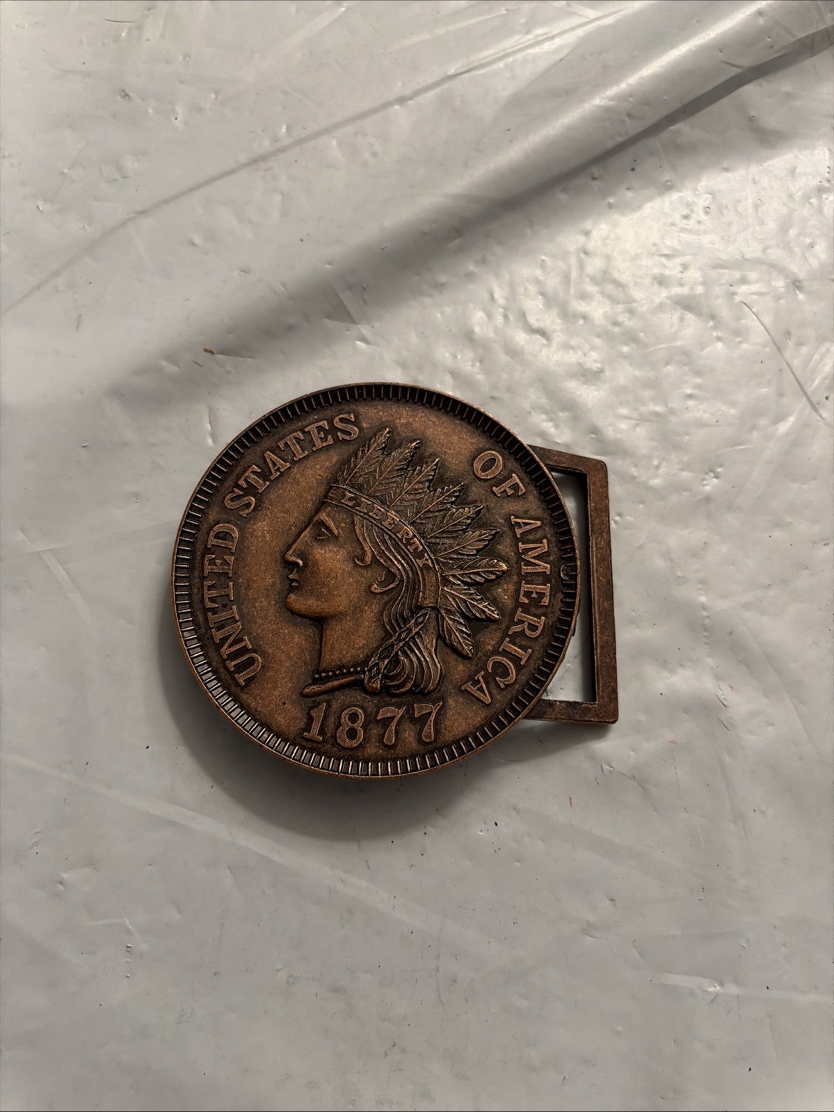 Vintage 1877 Indian Head Penny Belt Buckle Bronze Tone Round Coin Americana 3”