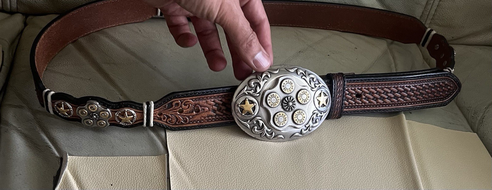 Silver Creek Belt Buckle Bullets Western Two Tone Revolving Center Cylinder Belt