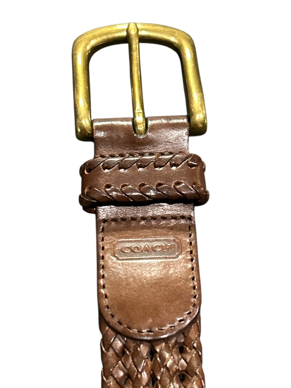 Coach brass D shape buckle brown braided leather belts 42&Prime; adjustable