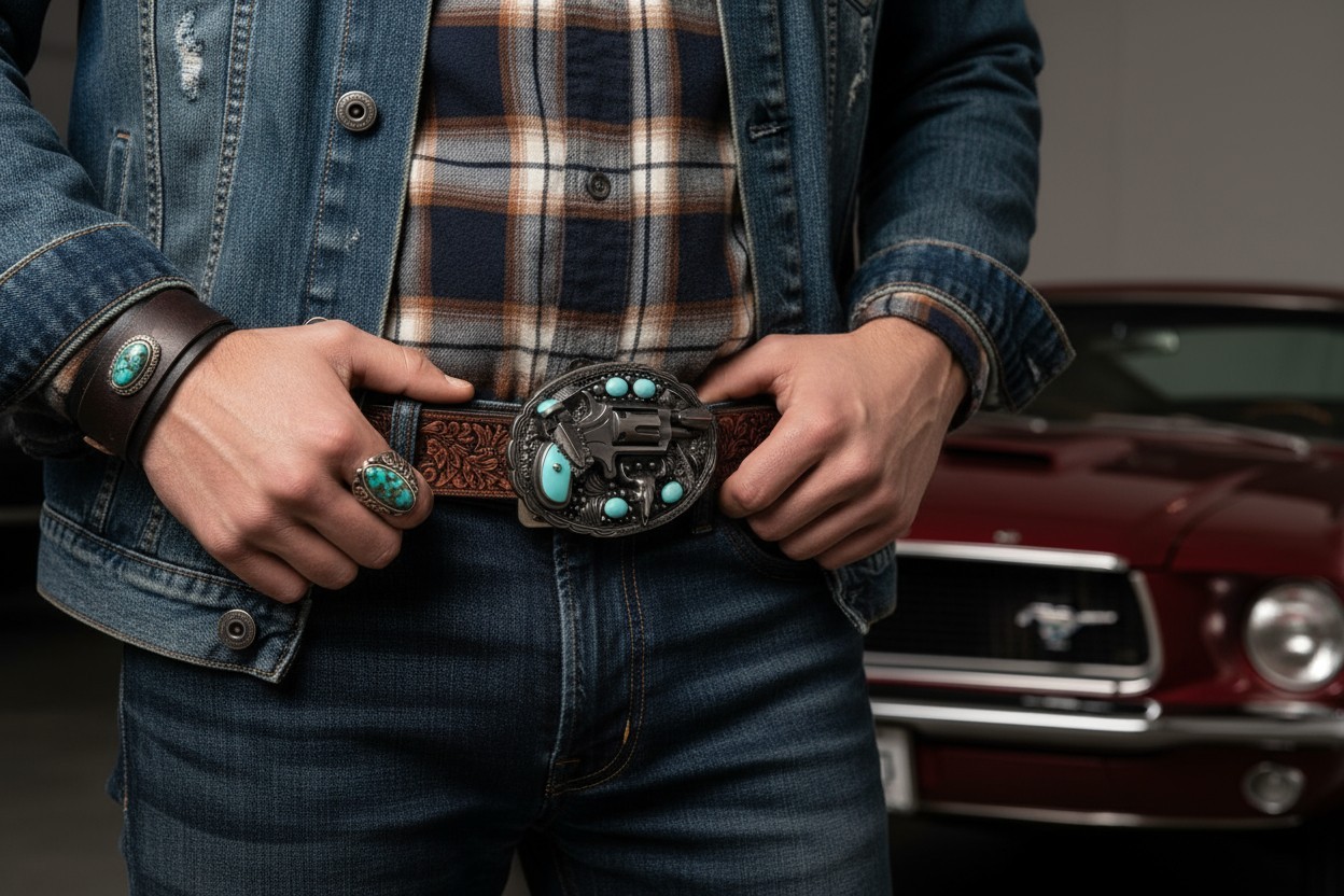 Men Western Buckle Dark Silver Metal Revolver Pistol Gun Feather Bull Turquoise