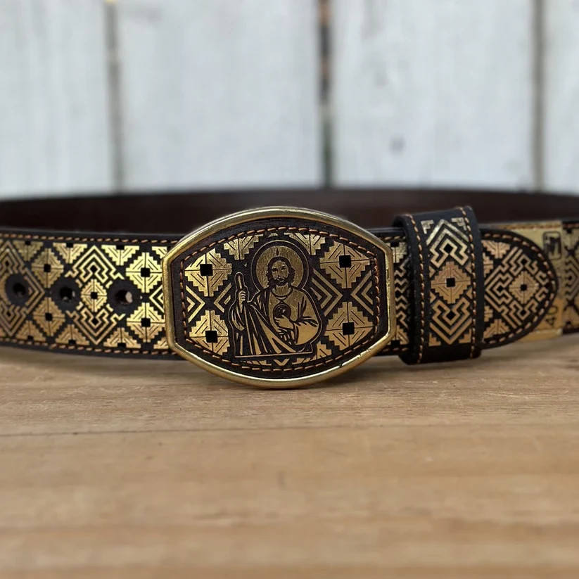 Genuine Laser Cut Leather San Judas Western Belt with Removable Buckle – Gold