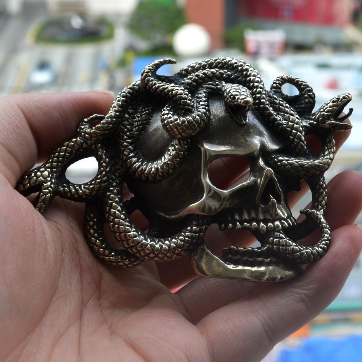 Handmade, Unique Brass Copper Skull Snake Men&rsquo;s Belt Buckle,Punk Personal Gift