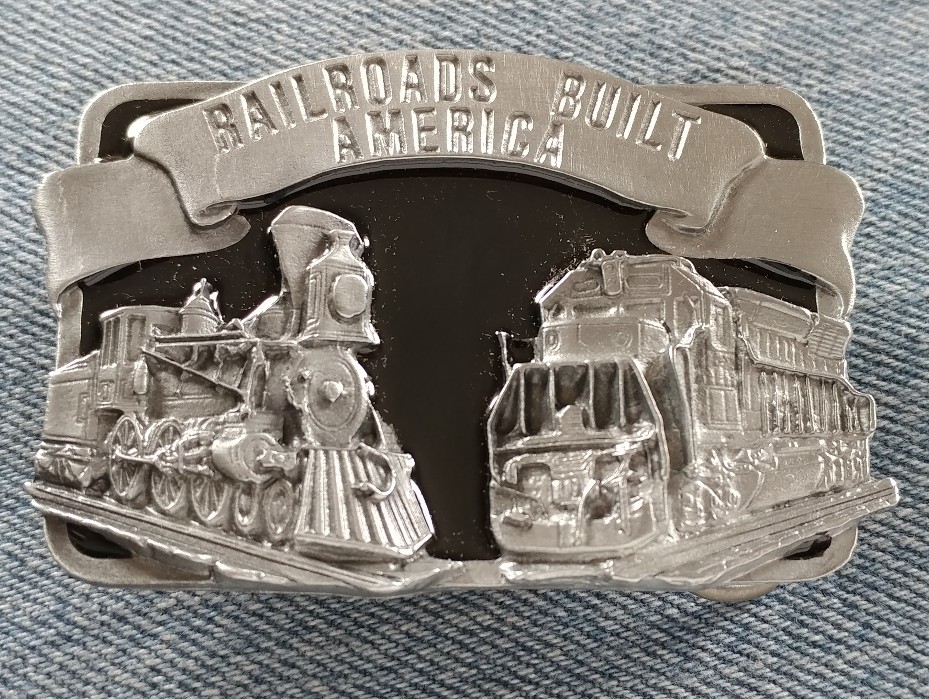RAILROADS BUILT AMERICA STEAM & DIESEL ENGINE BELT BUCKLE SISKIYOU MADE IN USA