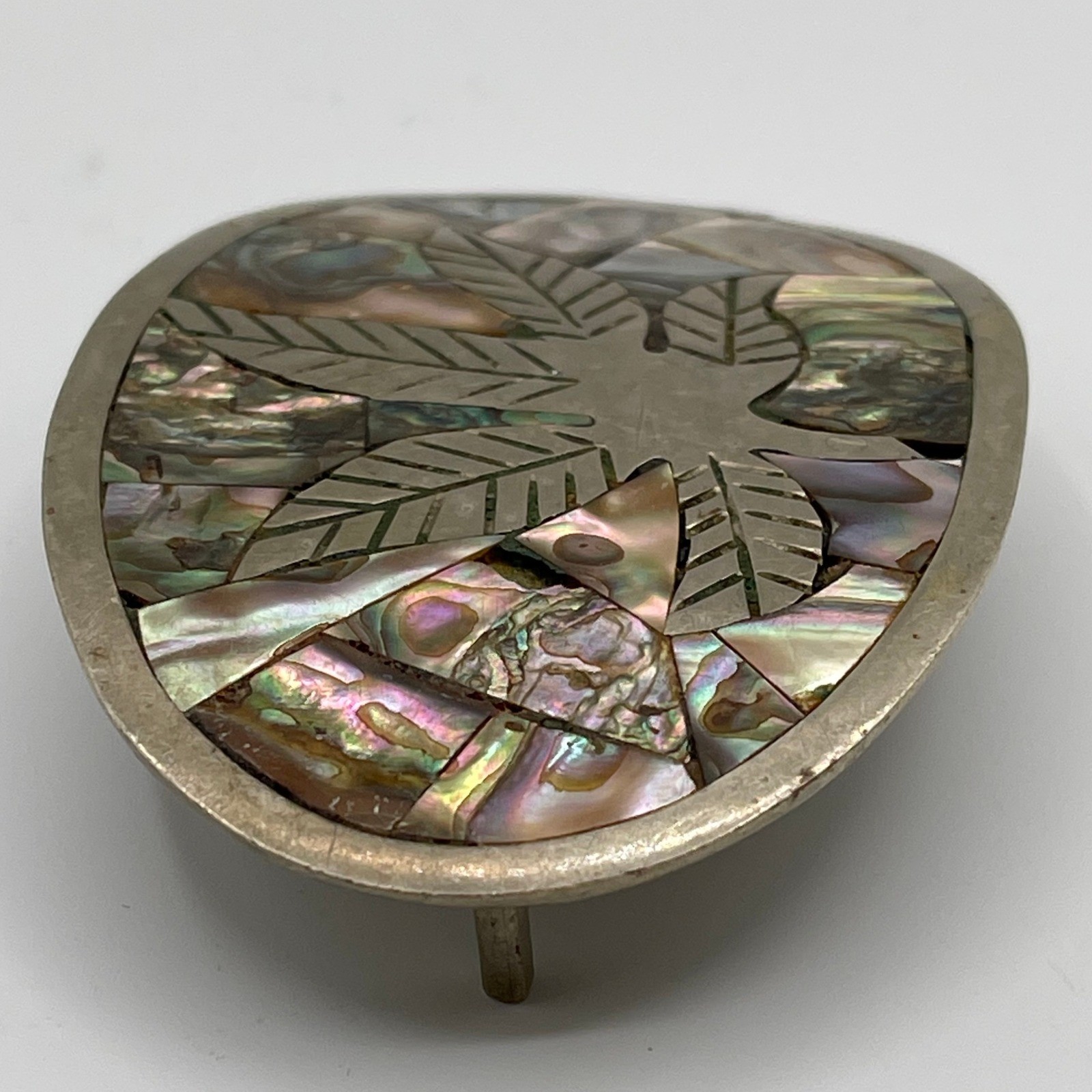Vintage Mexico Abalone Shell Mosaic Leaf Belt Buckle Iridescent Oval Artisan