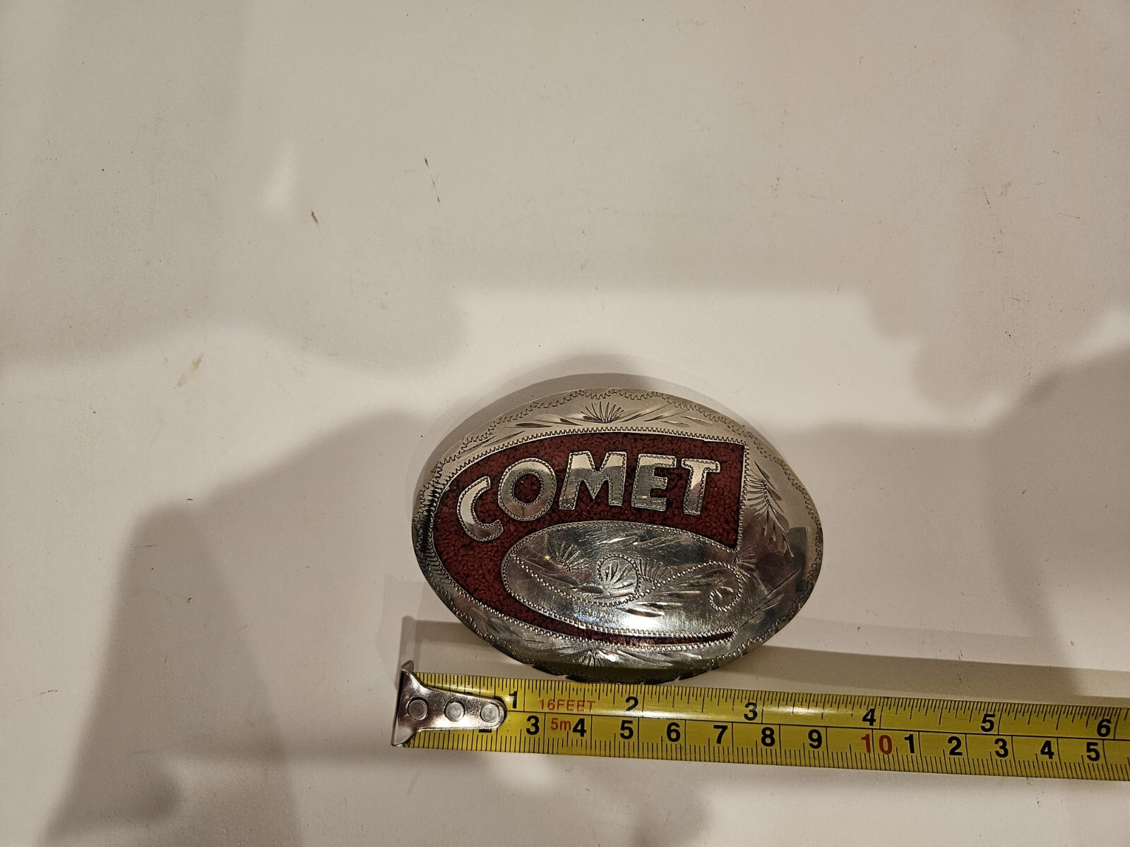 COMET Red Coral Chip Inlaid Hand Engraved Custom Belt Buckle Vintage Silver Tone