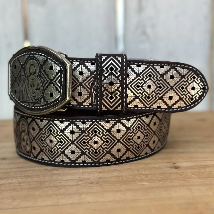 Genuine Laser Cut Leather San Judas Western Belt with Removable Buckle – Silver