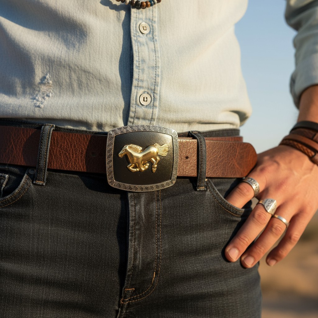 Men Women Western Belt Buckle Silver Metal Square Gold Rodeo Horse Black Fabric