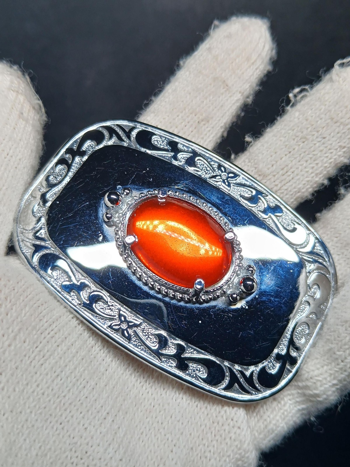 Western Red Stone Silver Belt Buckle