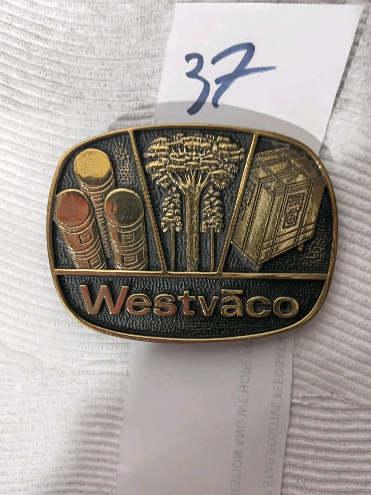vintage WESTERN belt buckle Bronze Brass WESTVAC WOOD FORESTER COMOANY B37