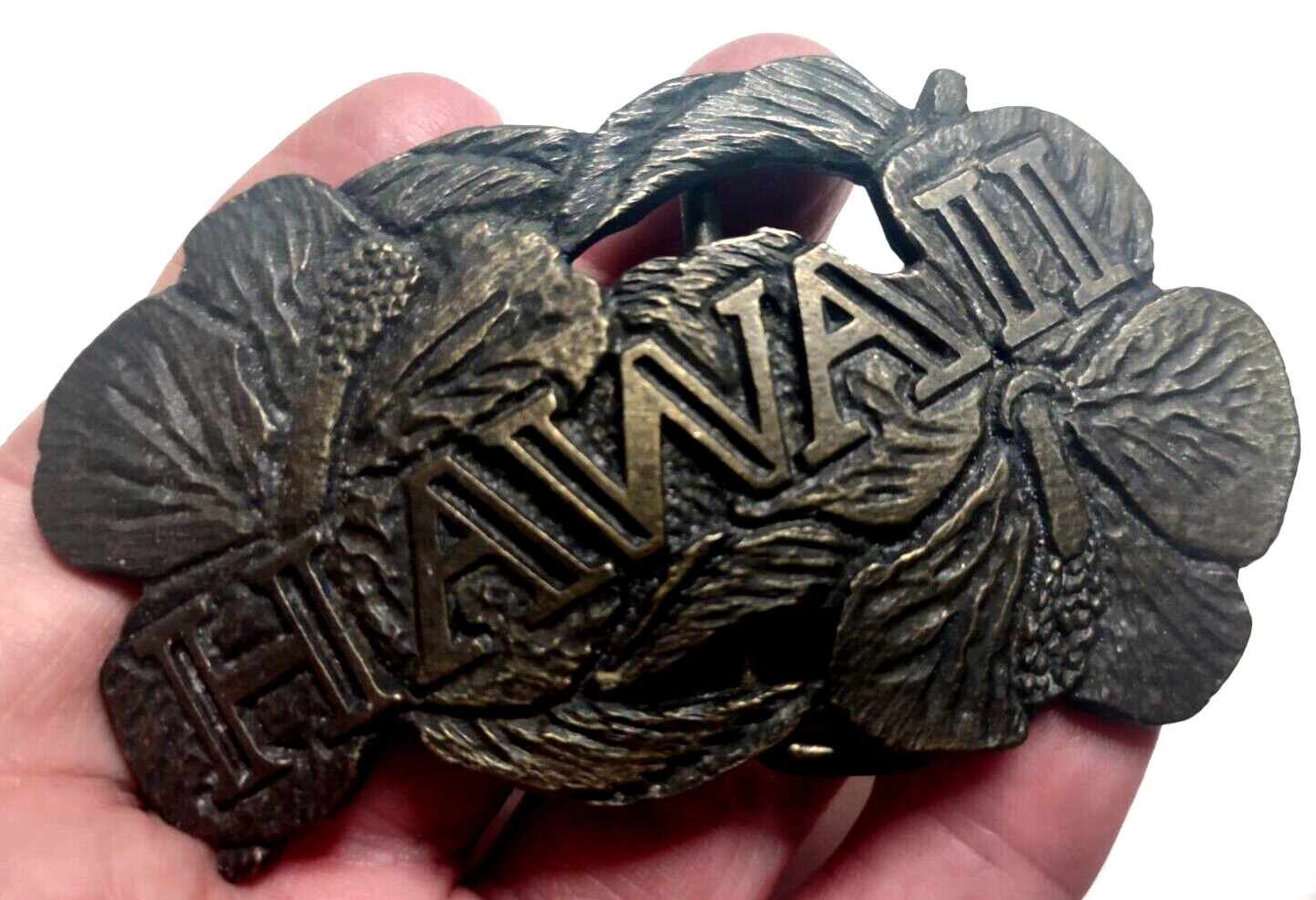 Belt Buckle Cast Brass HAWAII Red Hibiscus State Flower Dix Leather Co Denver CO