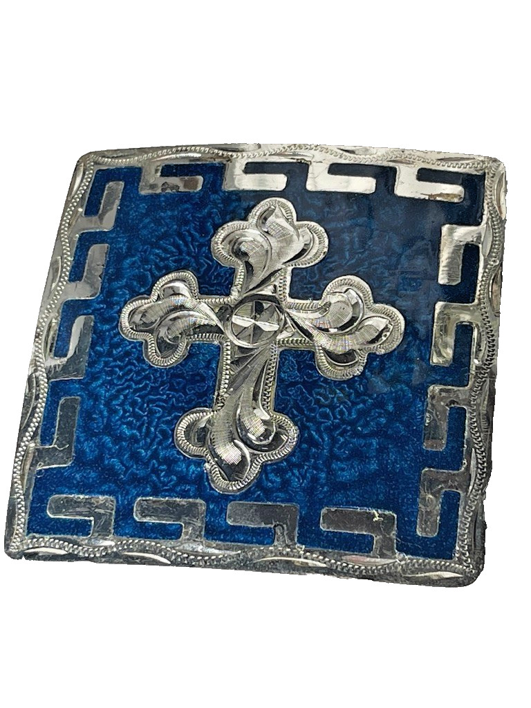 Western Mens Belt Buckle 3.25 x 3 in Southern Cross Cowboy Blue Silver 1.5