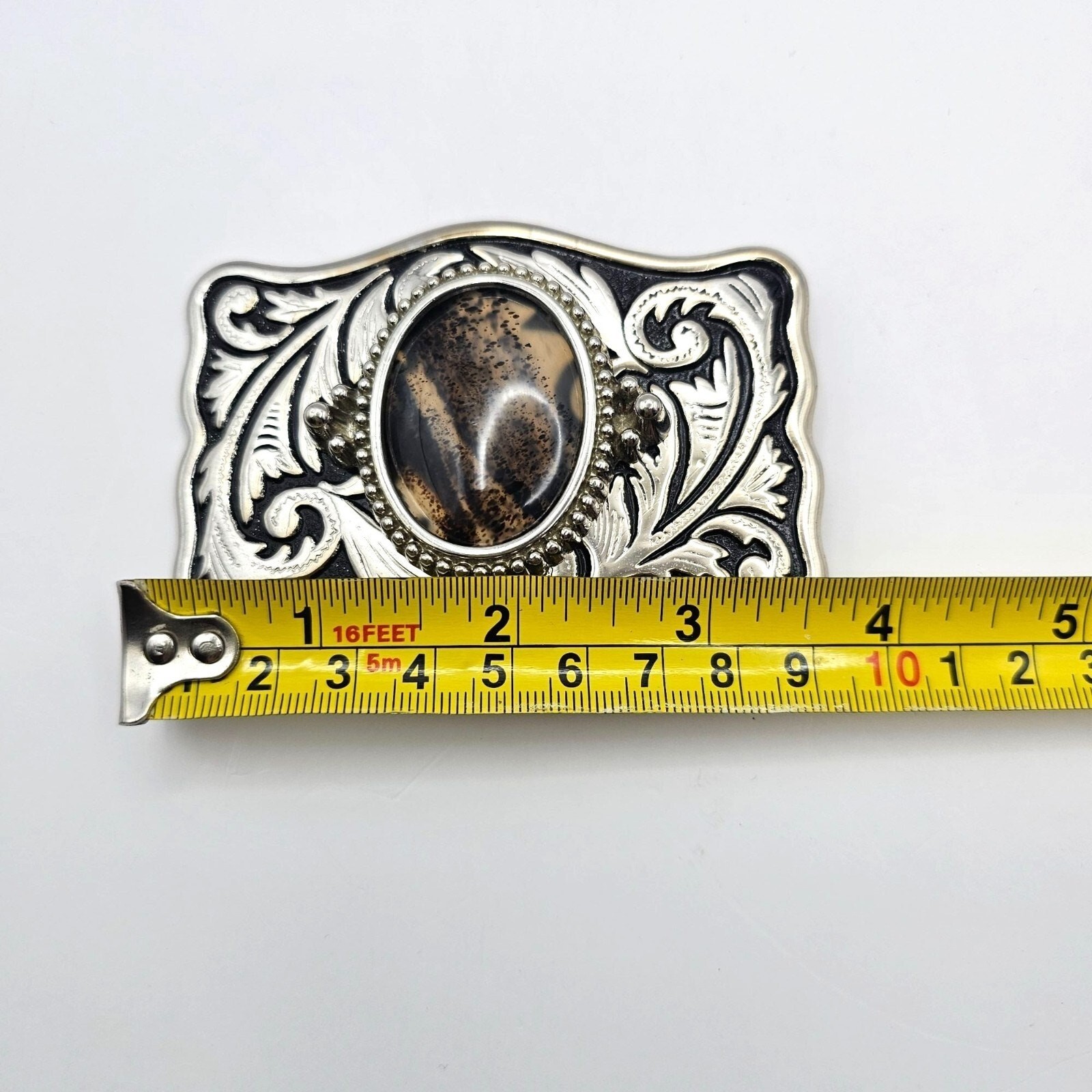 Western Belt Buckle Dendritic Agate Cabochon Silver Engraved Accents Side Pieces