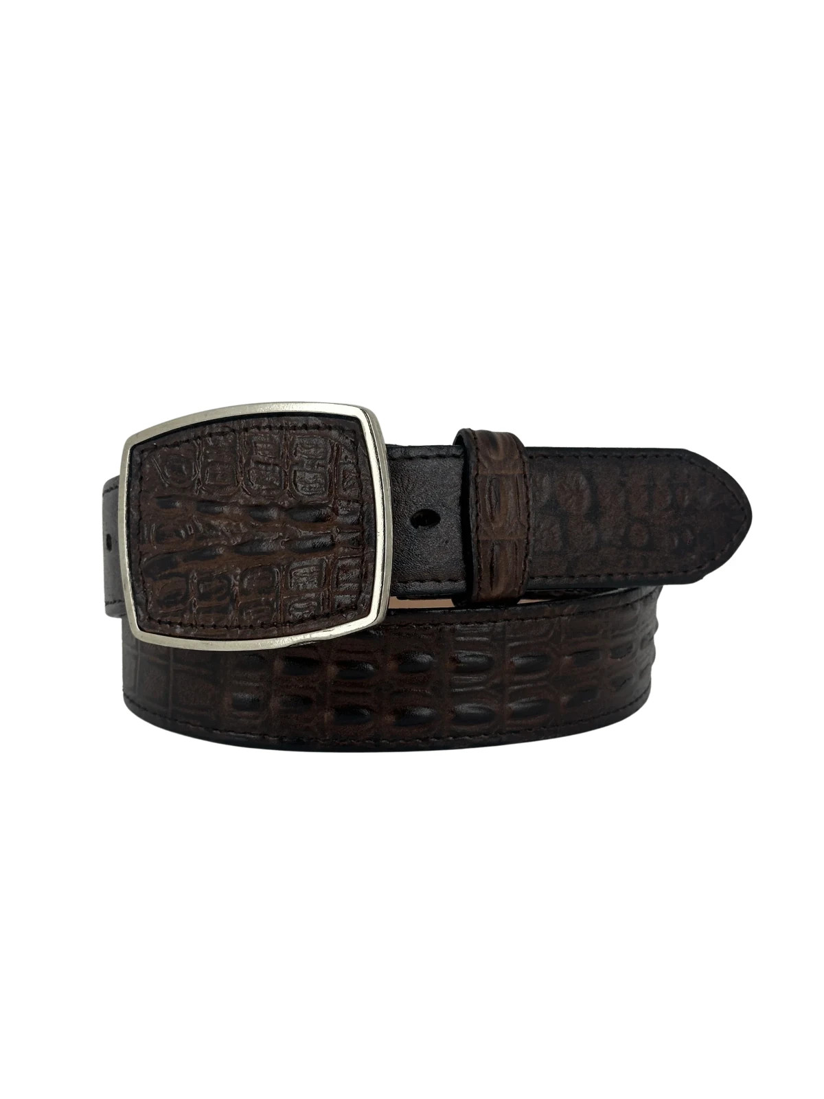 Genuine Leather Alligator Caiman Print Western Belt with Removable Buckle -Brown