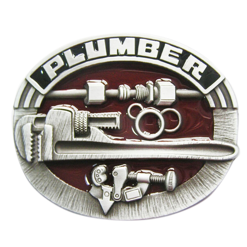 Plumber Trade Tradesman Red Enamel Metal Belt Buckle