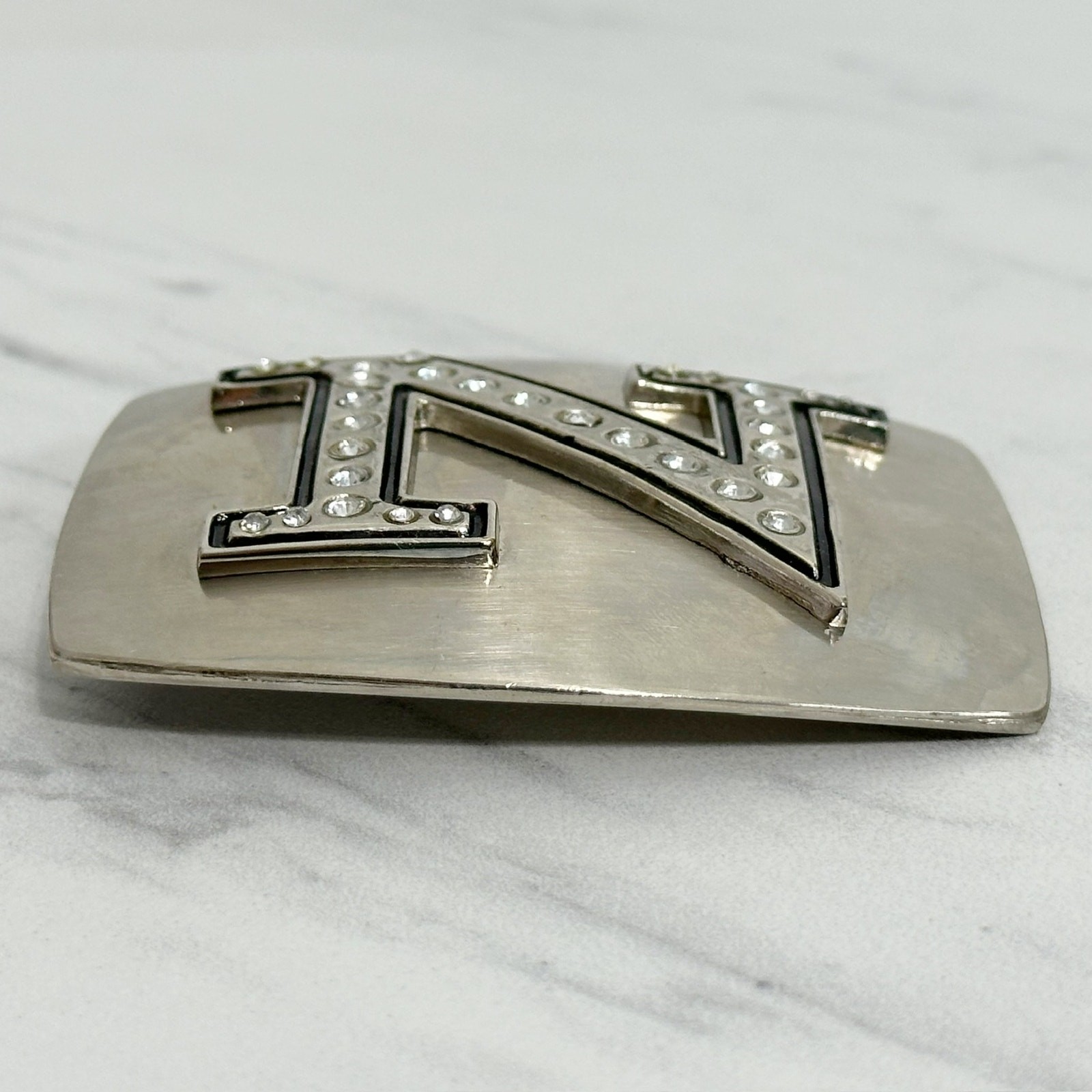 Rhinestone Studded N Letter Initial Monogram Silver Tone Belt Buckle