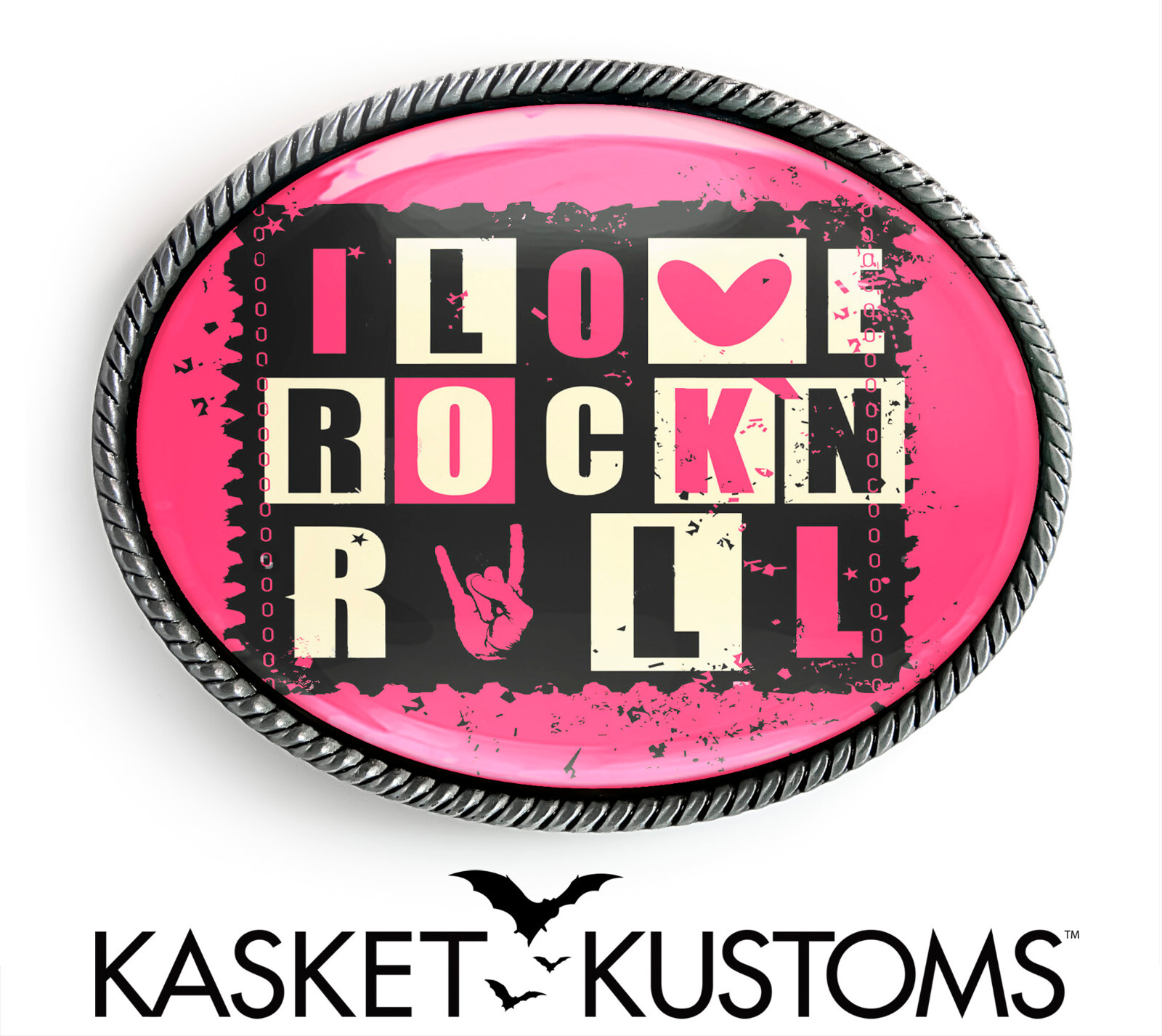 I Love Rock N&rsquo; Roll Belt Buckle – Hot Pink 80&rsquo;s Music Belt Buckle – 171