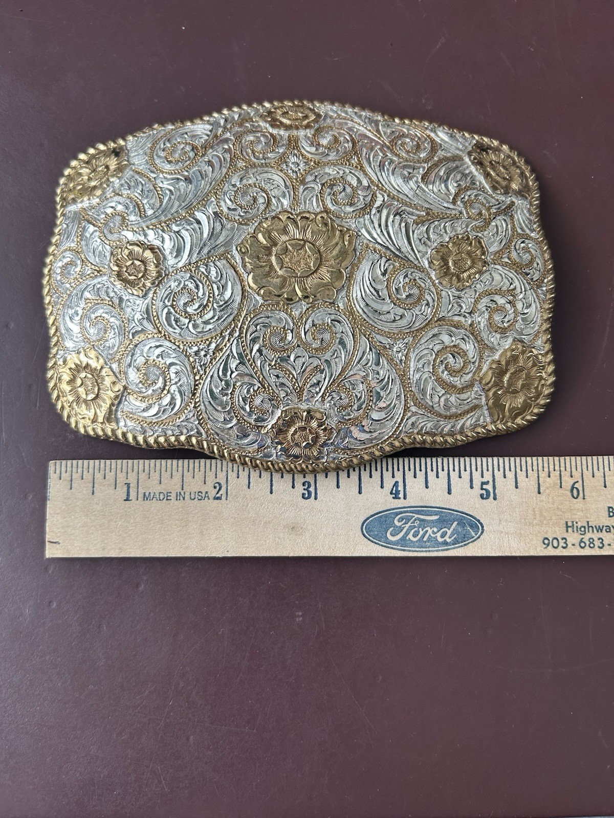 Crumrine Western Belt Buckle Two Tone Silver Gold Floral Scroll El Arturo Bronze