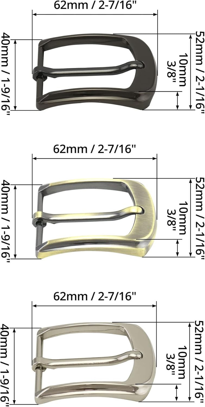 3 Pack Hebillas Clasicas Metal 38-40MM Reemplazo Cinturon Un Solo Pin Hombres