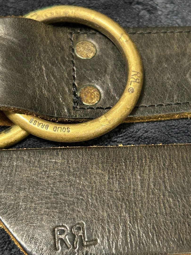 Double RL RRL Italian Made Distressed Leather Double Ring Belt Size 30 Black
