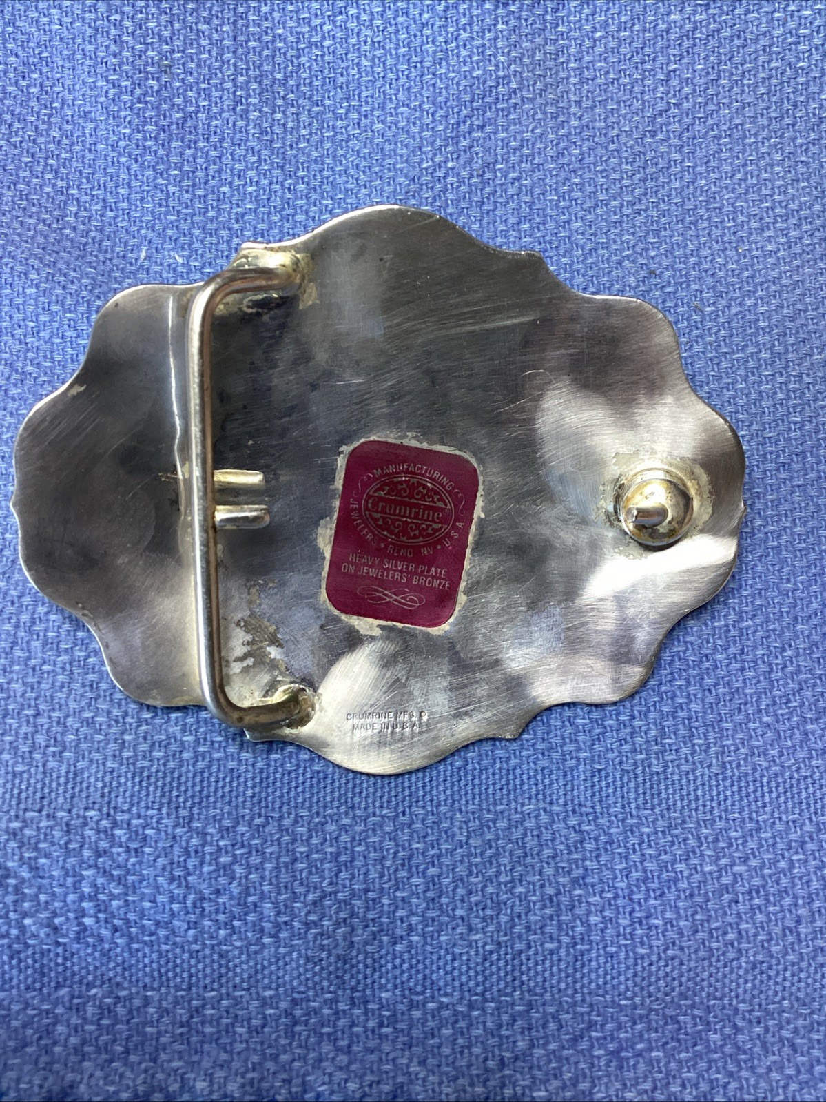 Vintage CRUMRINE Large Belt Buckle Heavy Silver Plate On Bronze Made in USA