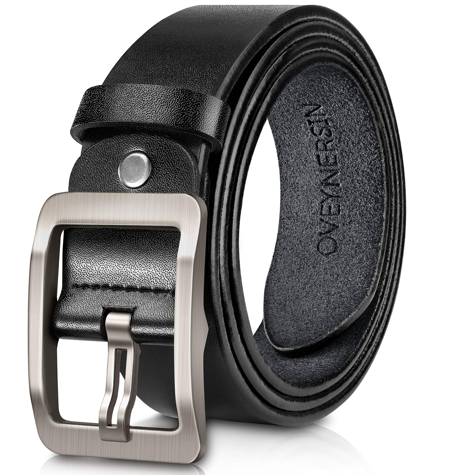 OVEYNERSIN Men Belt – 100% Genuine Leather casual Dress Belts Big Metal Black