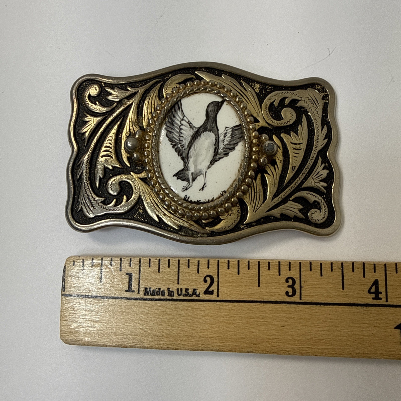Vintage Canadian Goose In Flight Raised Belt Buckle Silver And Gold Toned Metal