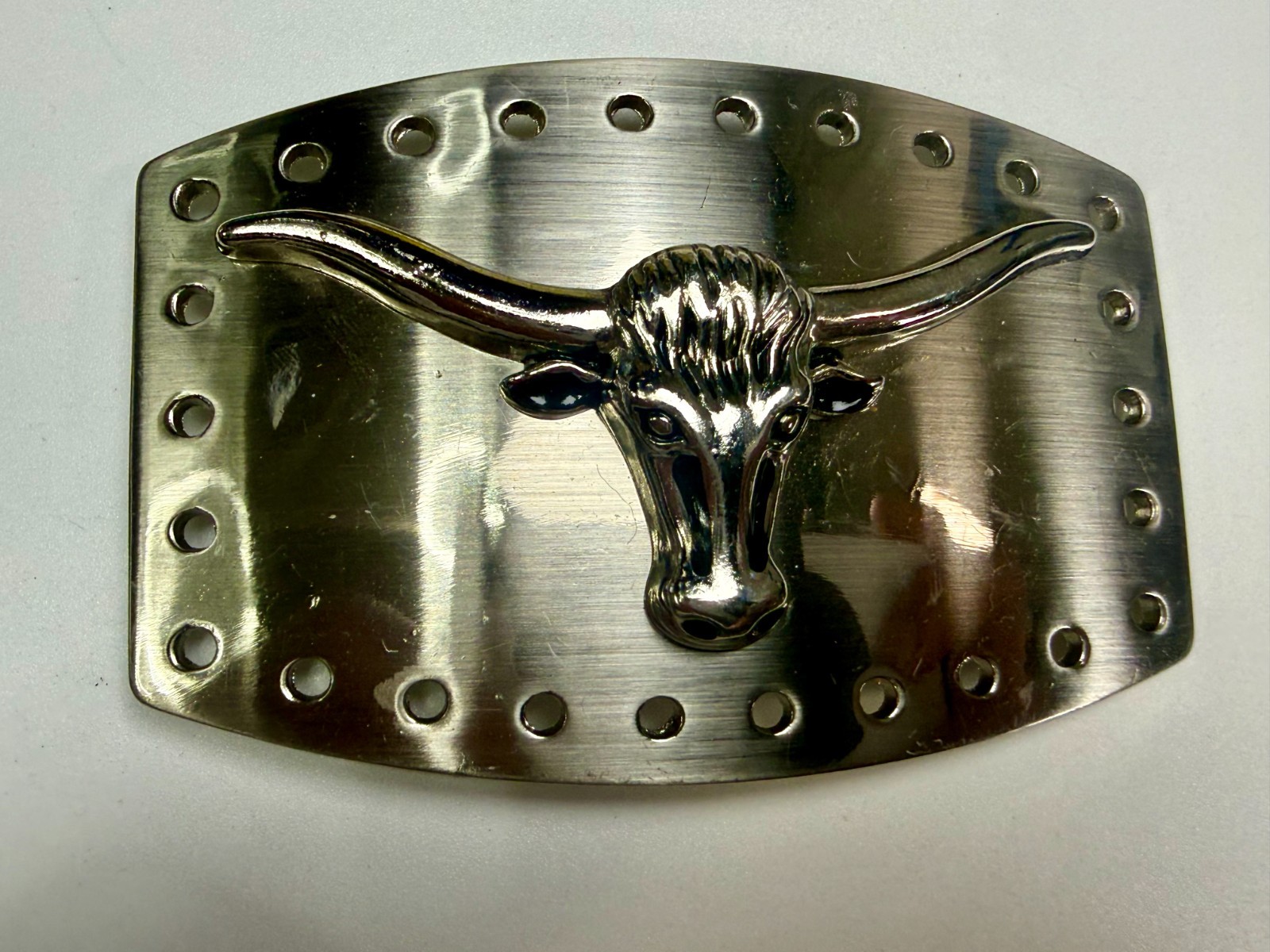 Texas Longhorn Cow Bull Head Steer Hole Border Silver Color Western Belt Buckle
