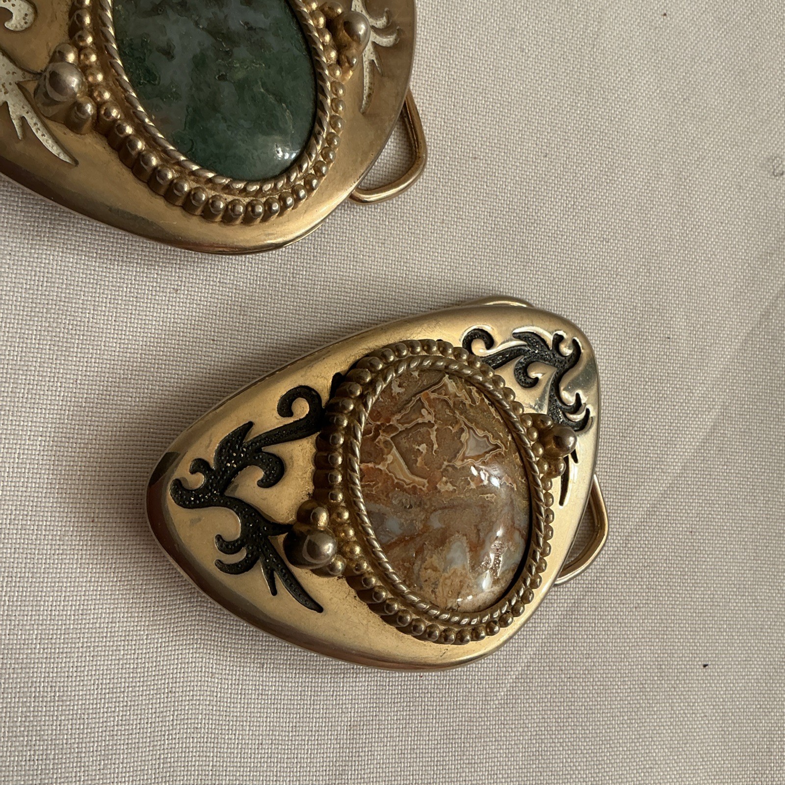 Lot of 2 Blue-Gray & Tan Stones Belt Buckles Silver