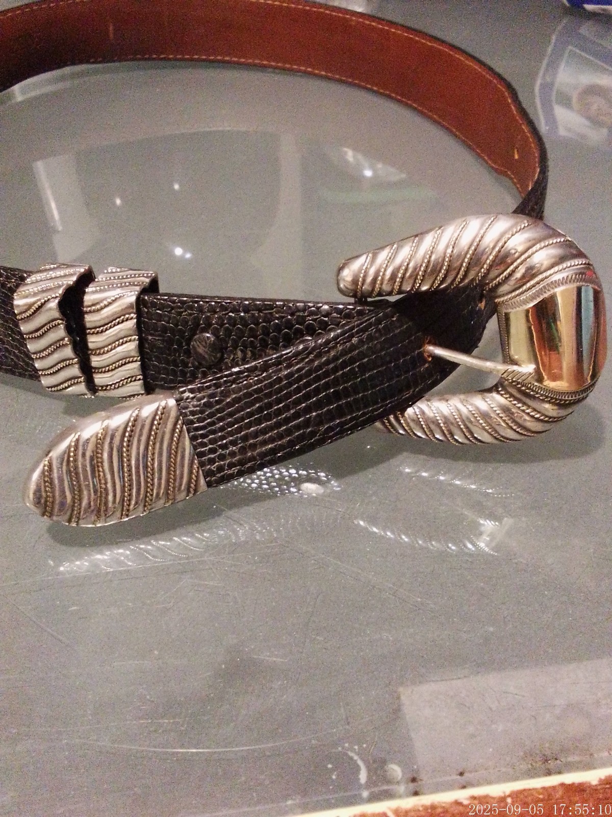 Rare Chet Vogt 14k Gold .925 Sterling Belt Buckle Set Size 28 black lizzard