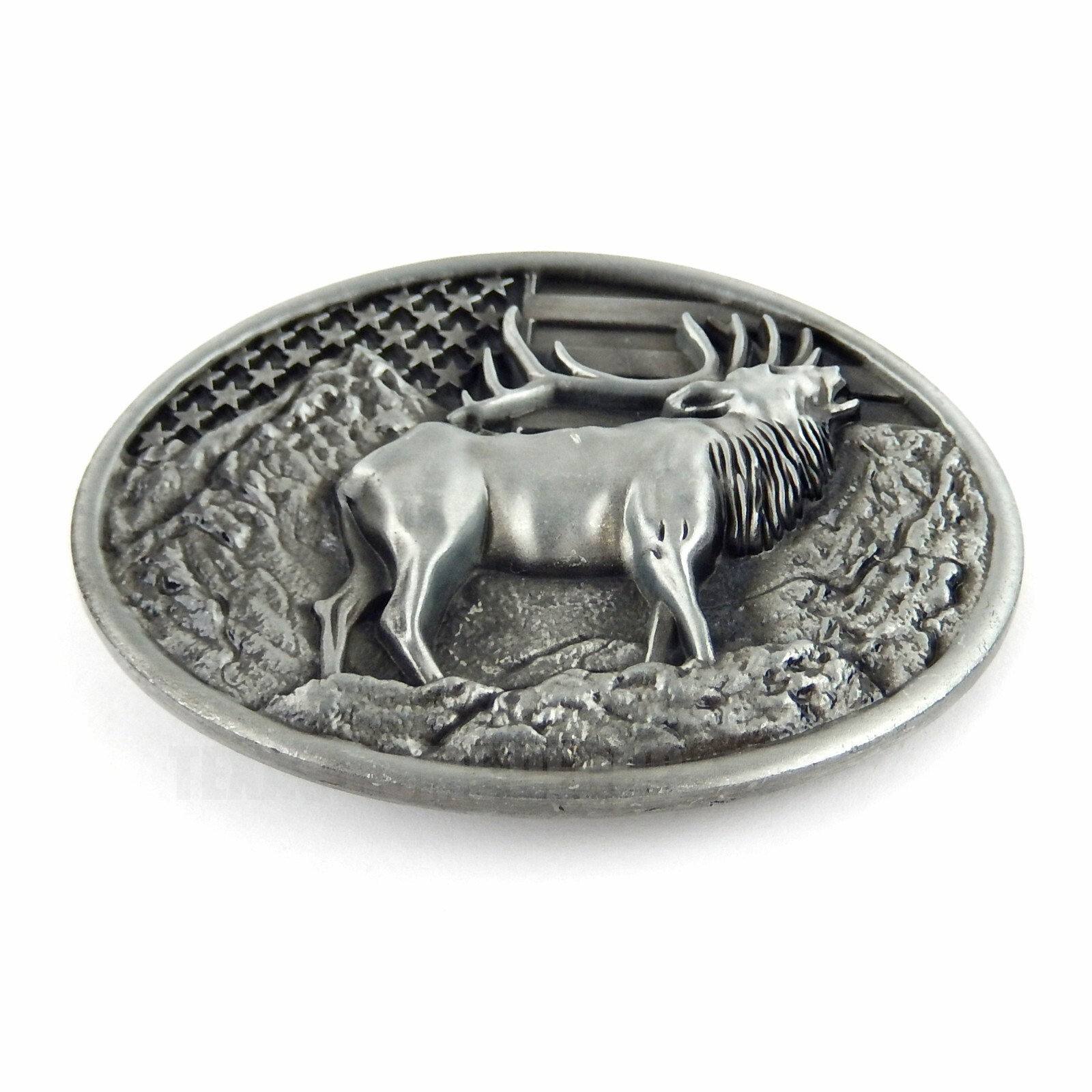 Elk Deer American Flag Belt Buckle USA Hunter Antique Silver Fits 1.5&Prime; Belts