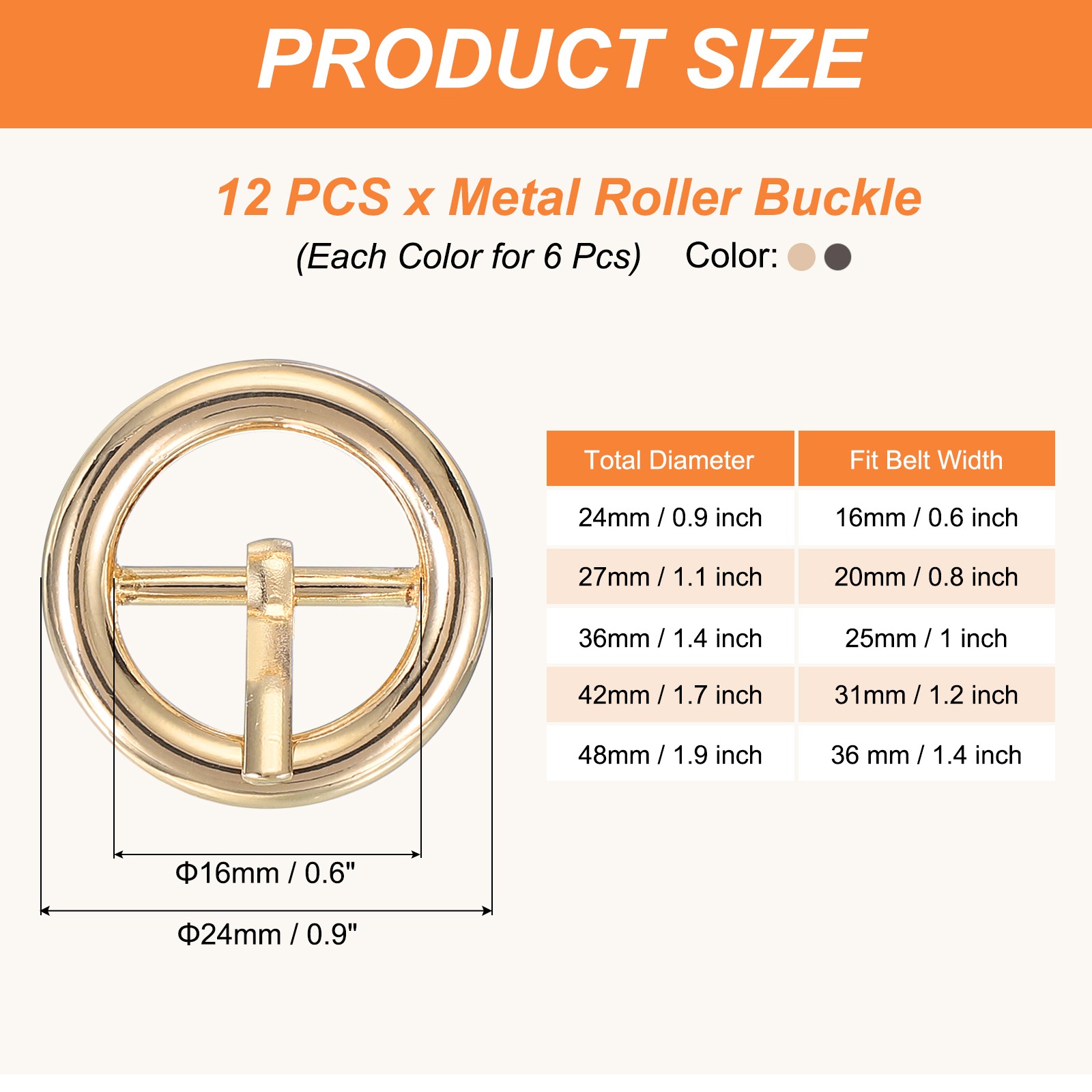 12Pcs 0.6&Prime; Single Prong Belt Buckle Metal Roller Buckle Light Gold/Black
