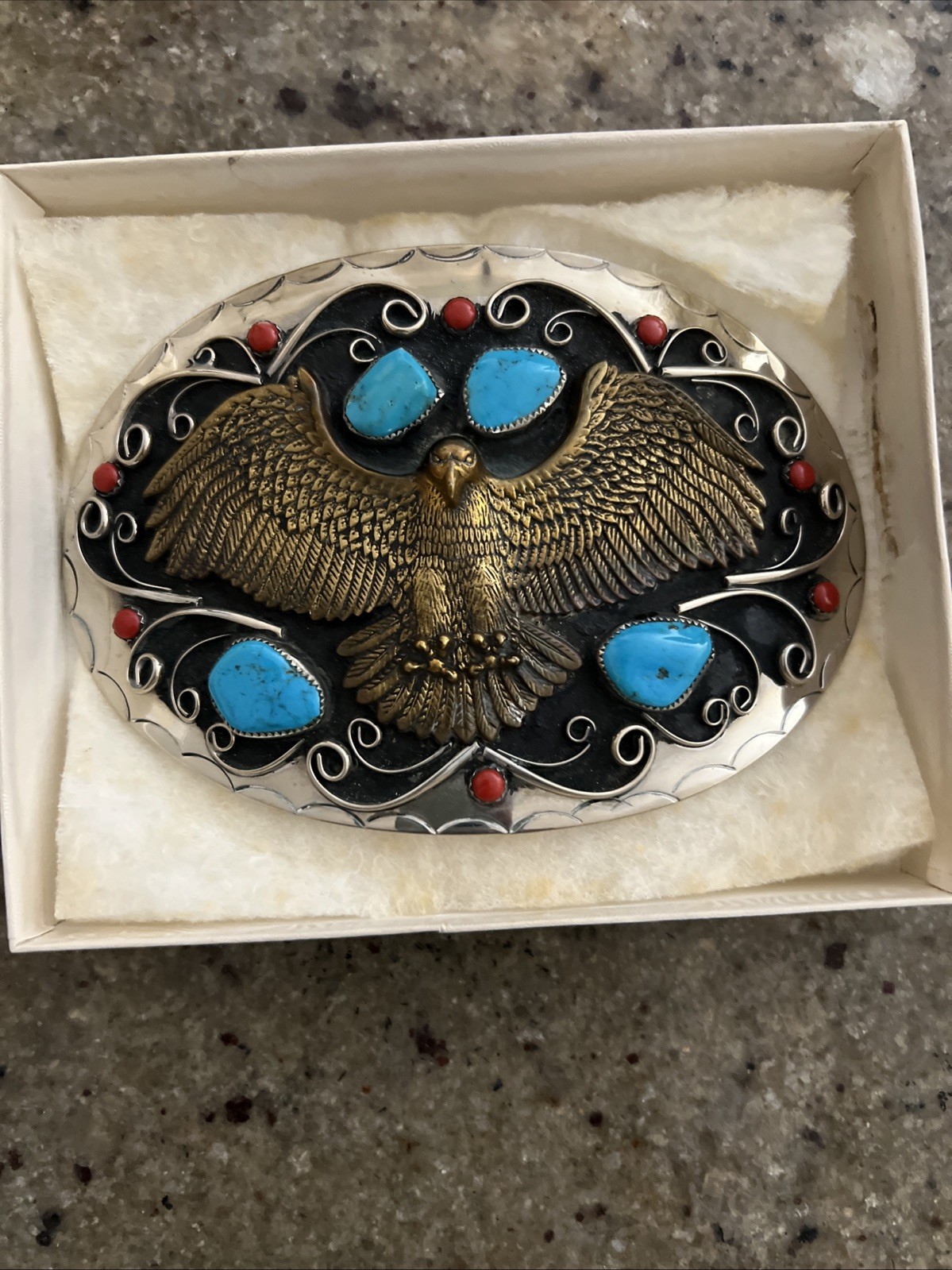 Solid Silver / Bronze Embellished Thunderbird Belt Buckle with Turquoise & Coral