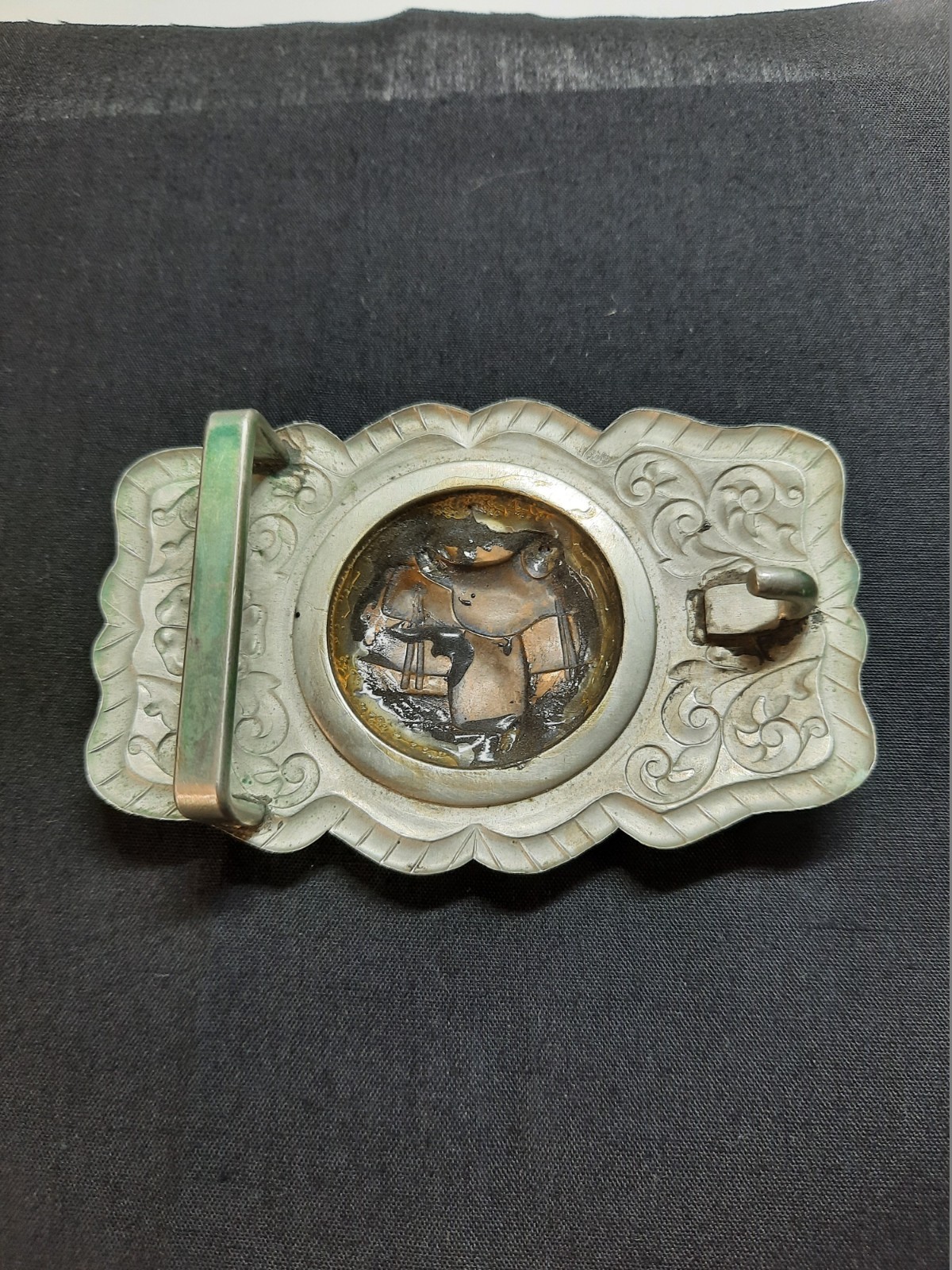 VINTAGE NICKEL SILVER WESTERN SADDLE THEME BELT BUCKLE Intricate Filigree Design