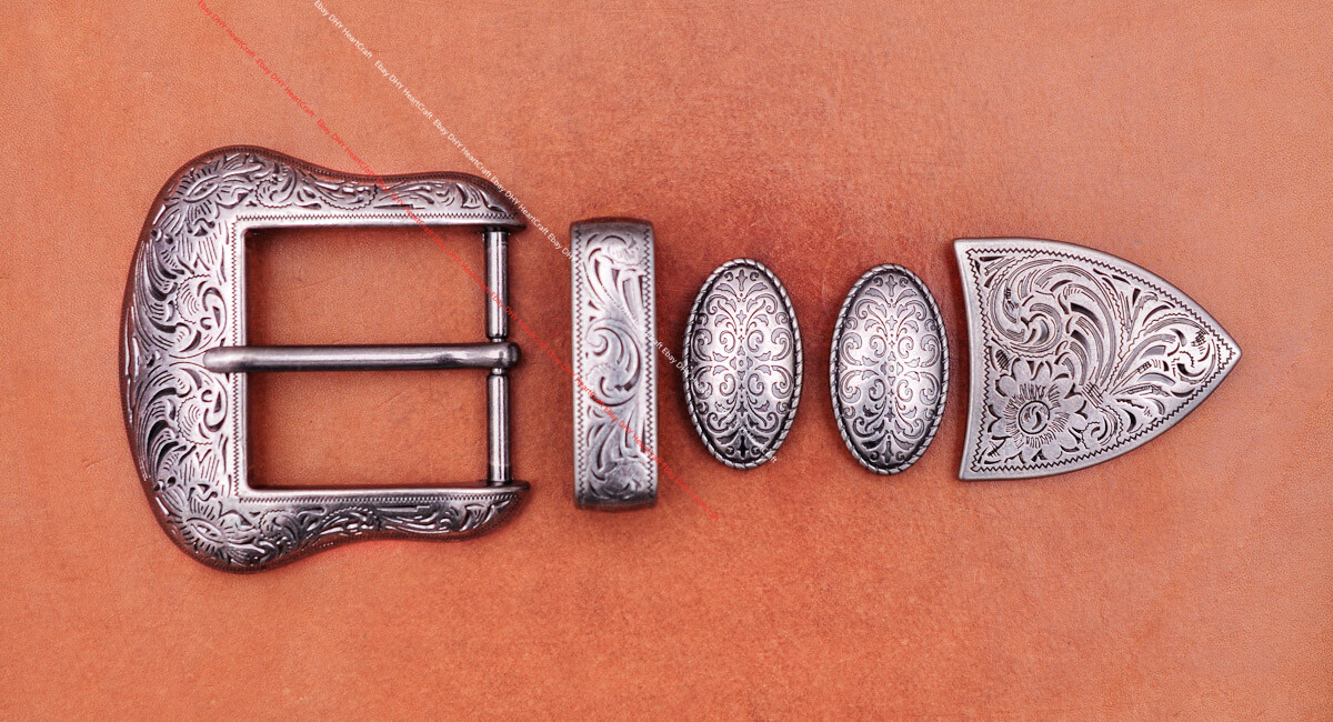 Vintage Silver Cowboy Ranger Floral 5 pc Set Western Belt Buckle fit 1-1/2&Prime; Belt