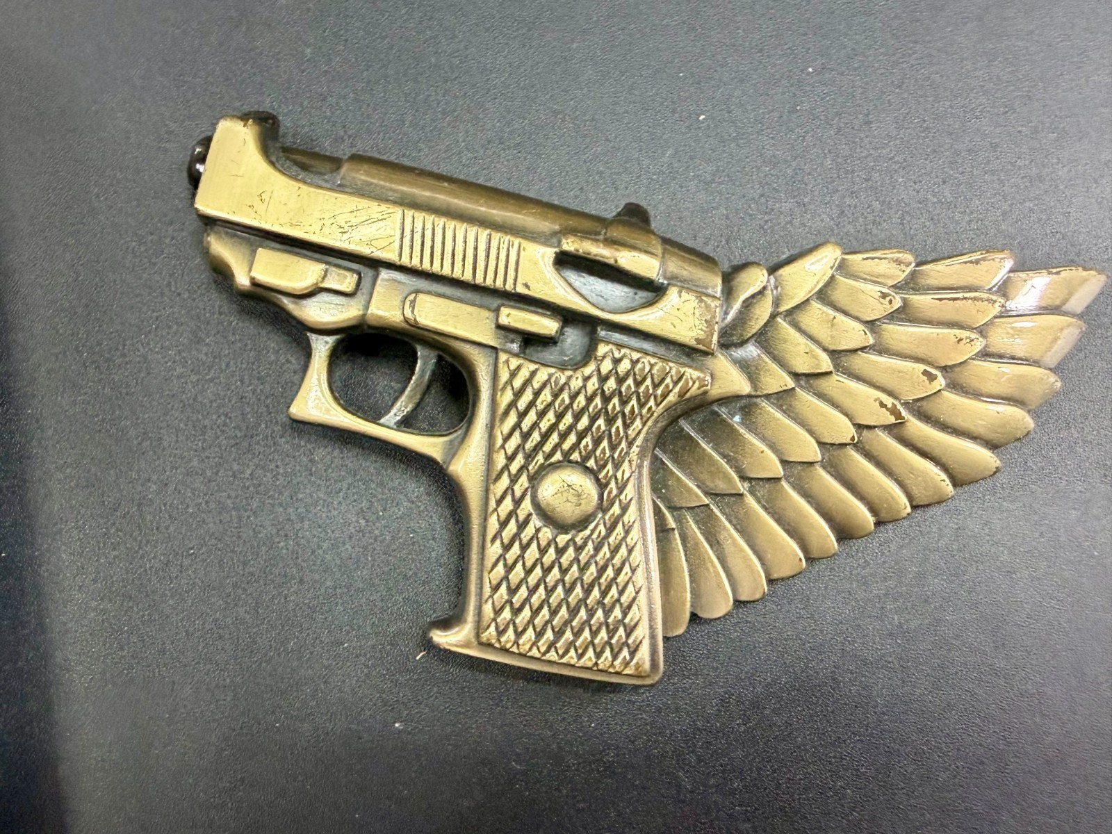 Winged Gun Flying Pistol Handgun Figural Cutout Brass Tone Large Belt Buckle