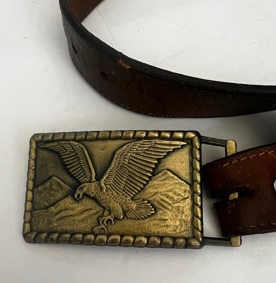 Vintage Flying Eagle Buckle and Leather Belt Solid Brass Brown length 43&Prime; Mens