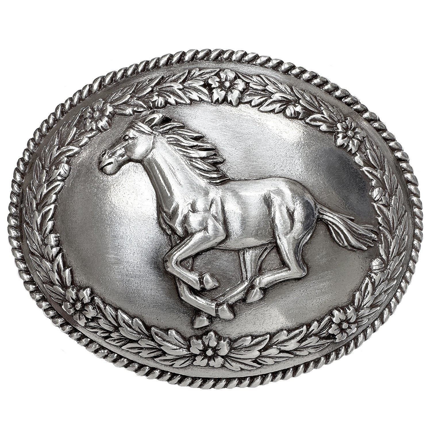Western Belt Buckle Antique Silver Horse Engraved Rope Edge Cowboy Rodeo Wear